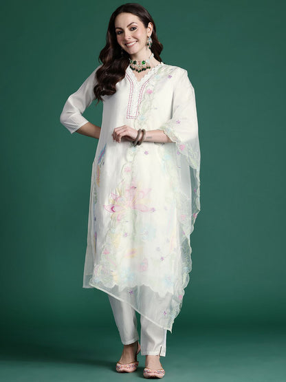 Floral Embroidered Thread Work Kurta with Trousers & With Dupatta