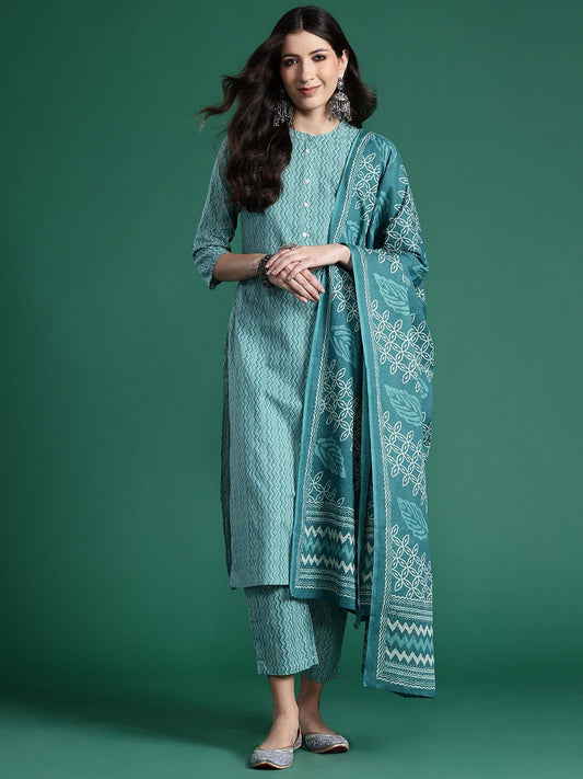 Women Printed Regular Pure Cotton Kurta with Trousers & With Dupatta