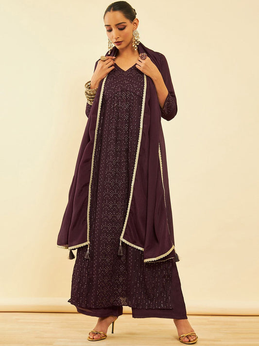 Dhiyona SO Women's Floral Embroidered Sequinned Kurta With Palazzos & Dupatta