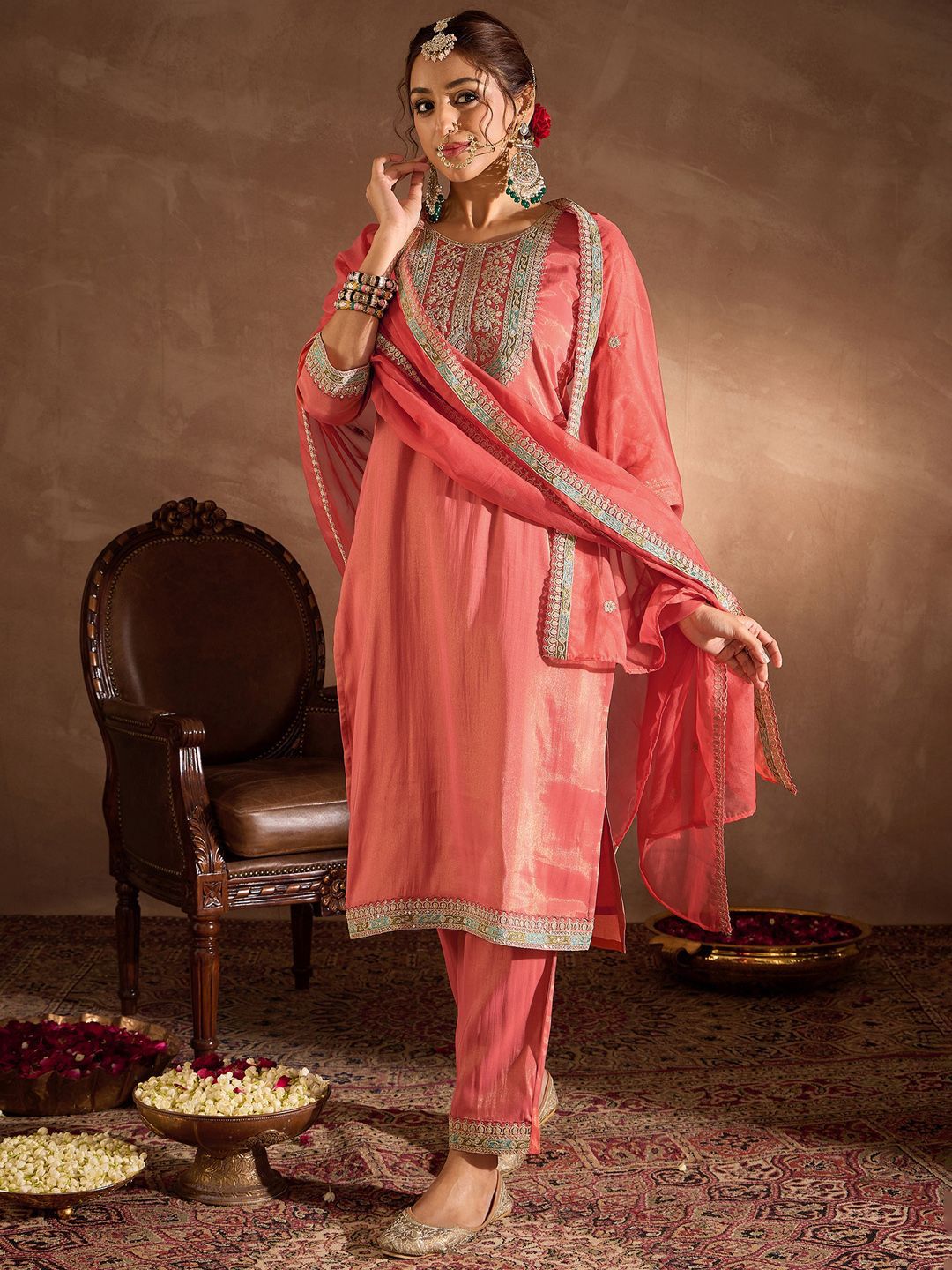 Floral Yoke Design Thread Work Straight Kurta With Trousers & Dupatta