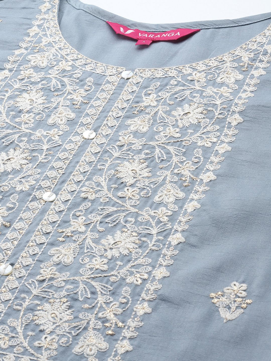 Dhiyona VA Women's Grey Ethnic Motifs Embroidered Panelled Kurta with Trousers & Dupatta