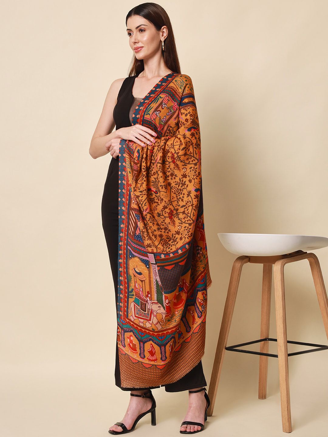 Dhiyona PA Women Yellow Printed Pure Wool Shawl