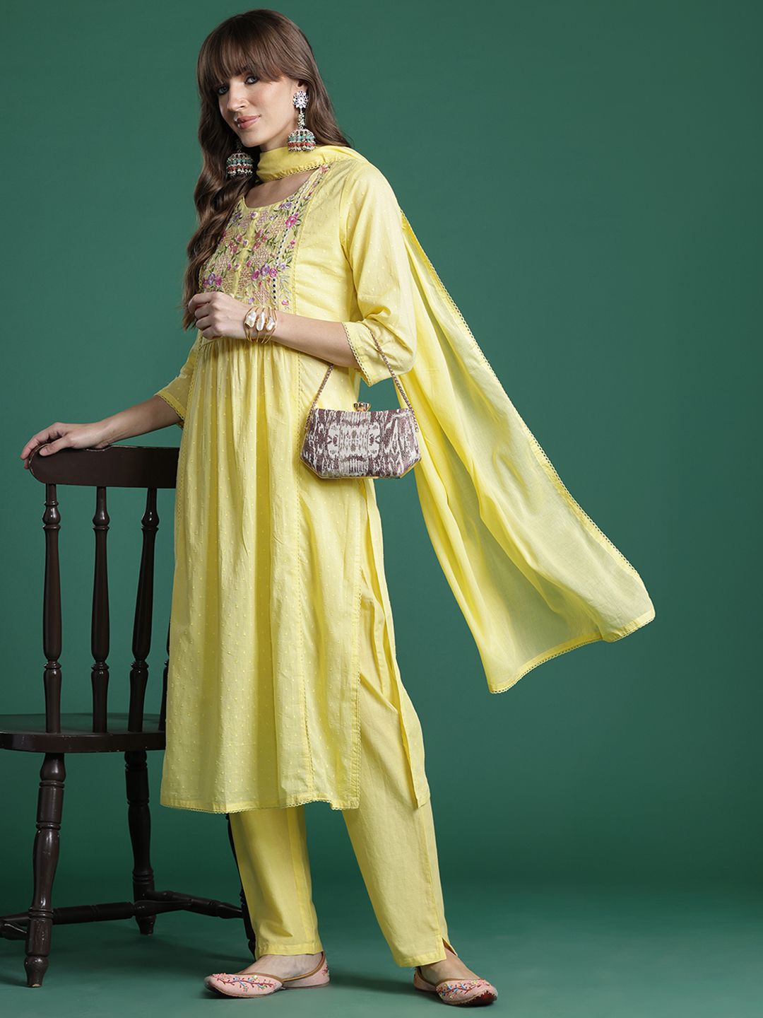 Dhiyona IE Floral Embroidered Kurta with Trousers & Dupatta