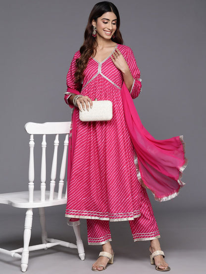 Dhiyona VA Women's Leheriya Printed Empire Gotta Patti Pure Cotton Kurta with Trousers & With Dupatta