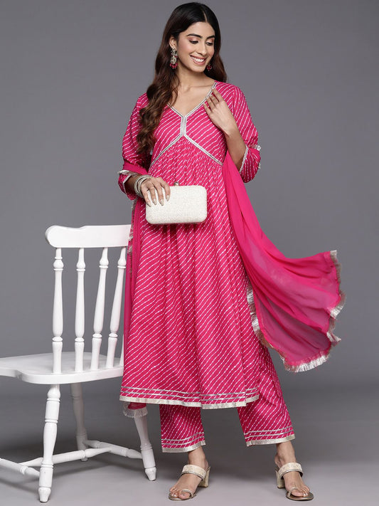 Dhiyona VA Women's Leheriya Printed Empire Gotta Patti Pure Cotton Kurta with Trousers & With Dupatta