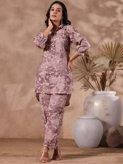 Dhiyona IS Women's Floral Printed Shirt Collar Puff Sleeve Beads and Stones Silk Blend Kurta Set