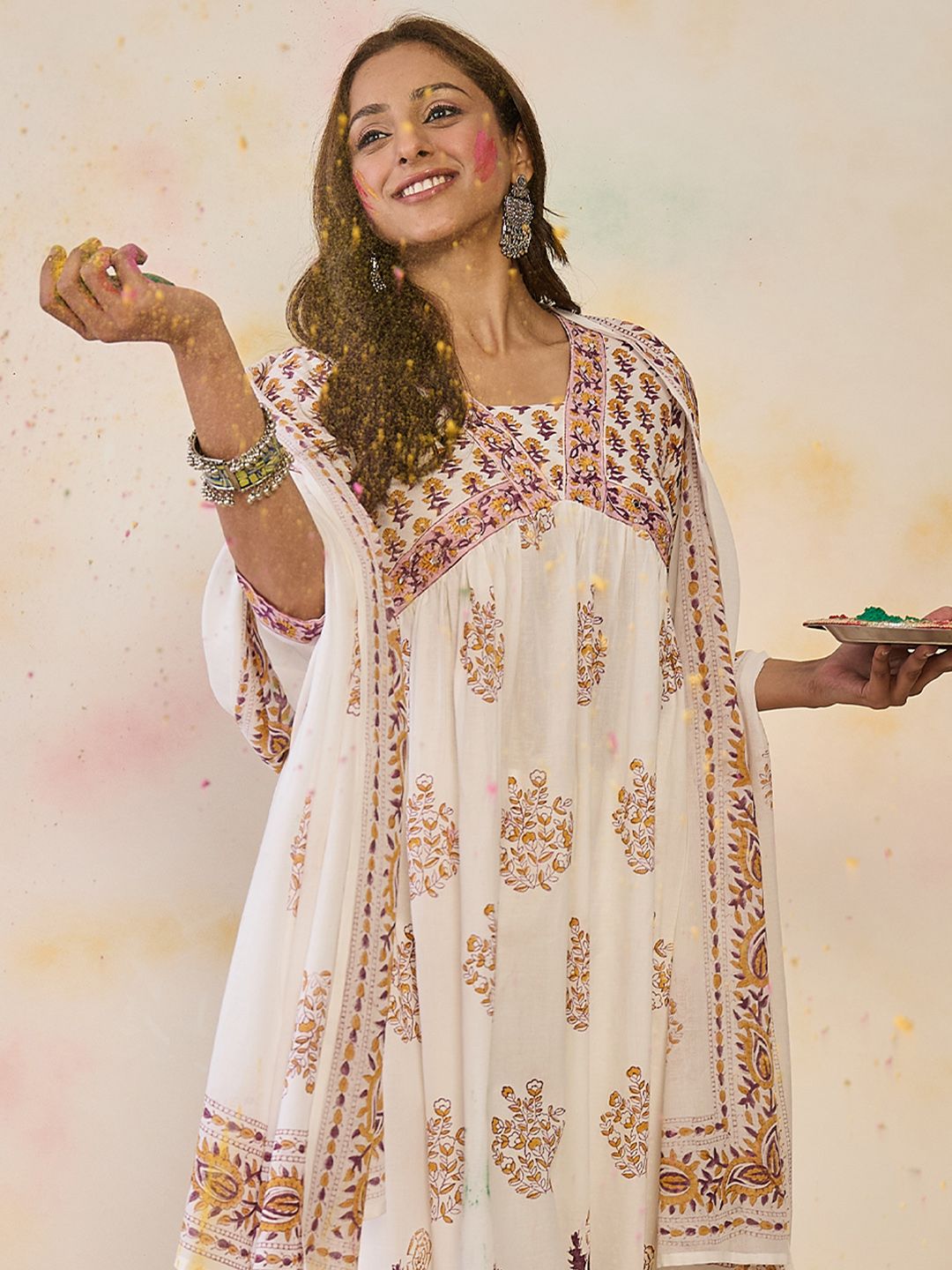 Dhiyona IE Women Ethnic Motifs Printed Empire Mirror Work Pure Cotton Kurta with Trousers & With Dupatta