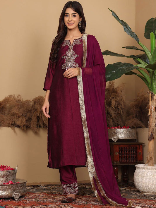 Dhiyona VA Women'sEthnic Motifs Embroidered Regular Kurta with Trousers & Dupatta