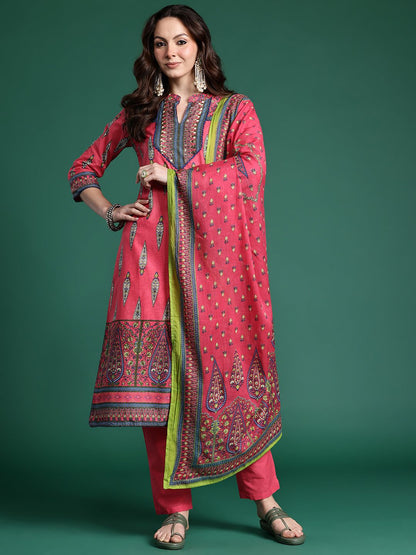 Ethnic Motifs Printed Pure Cotton Kurta with Trousers & Dupatta
