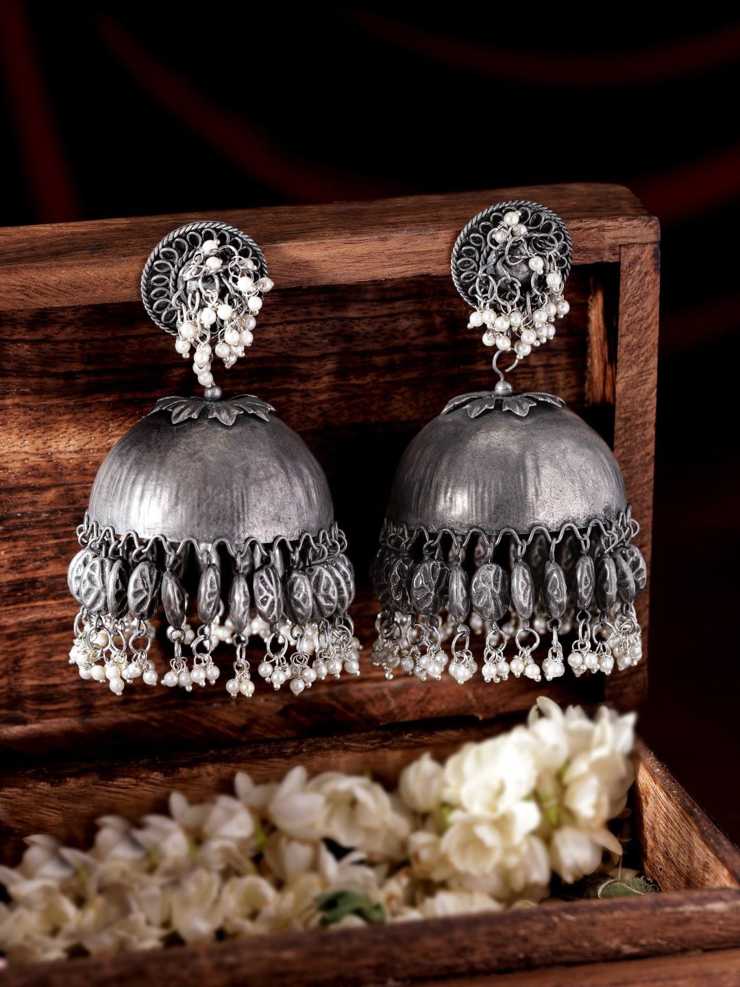 Dhiyona RJ Women's Oxidised Silver-Plated Antique Black & White Pearl Beaded Dome-Shaped Big Jhumkas