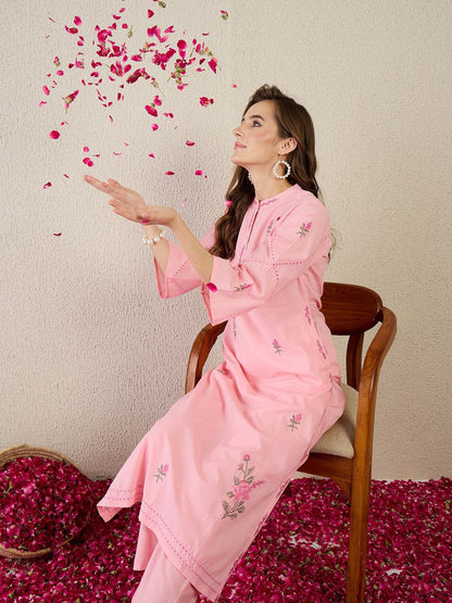 Dhiyona IE Embroidered Cotton Mandarin Collar Neck Top With Trousers Co-Ords