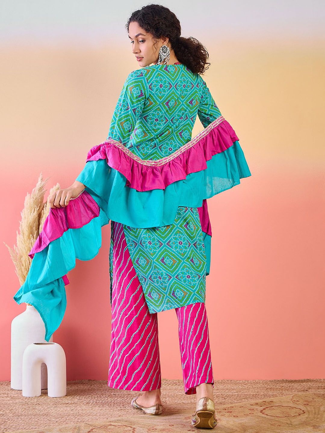 Dhiyona SN Women's Bandhani Printed Pure Cotton Round Neck Kurta With Trousers & Ruffled Dupatta