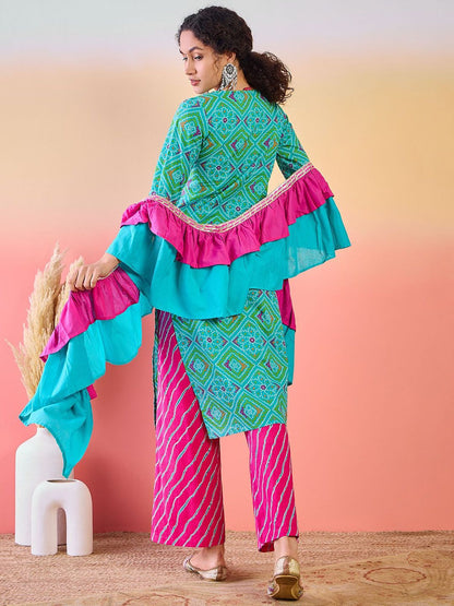 Dhiyona SN Women's Bandhani Printed Pure Cotton Round Neck Kurta With Trousers & Ruffled Dupatta