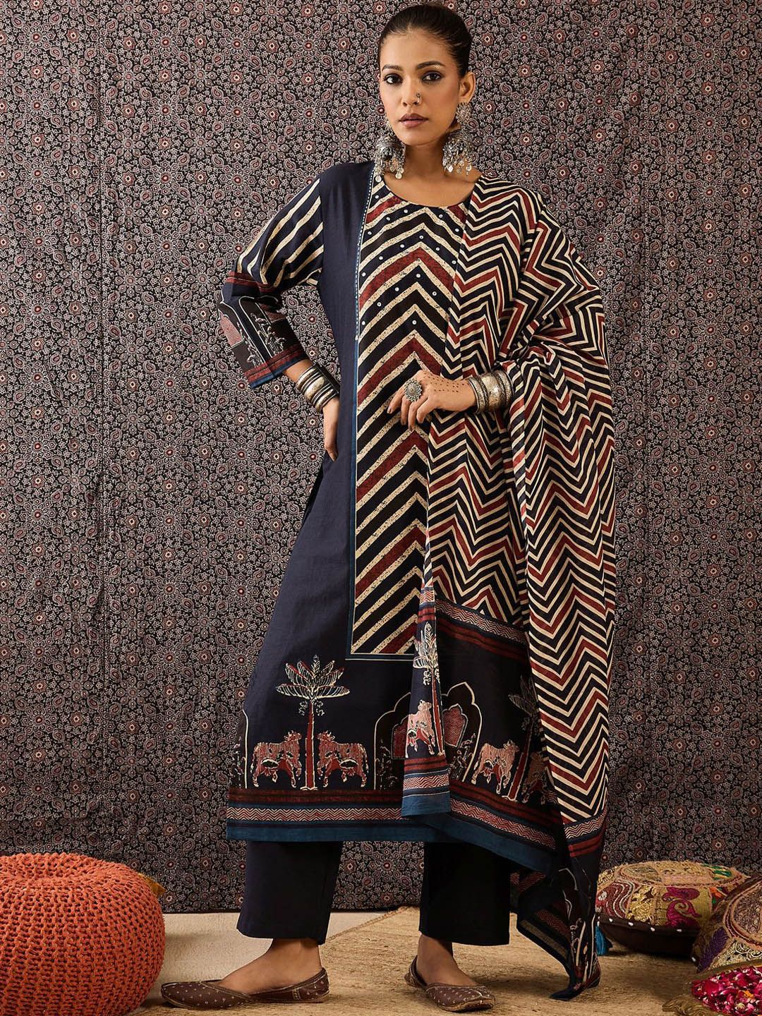Women Printed Regular Sequinned Pure Cotton Kurta with Trousers & With Dupatta