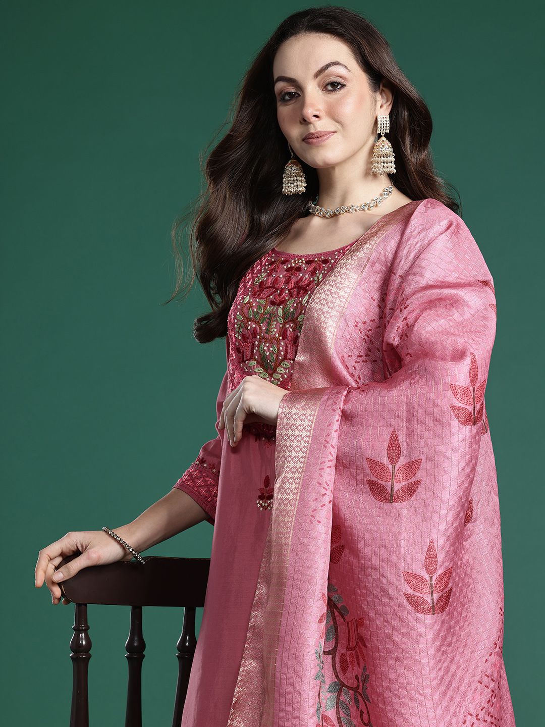 Floral Embroidered Thread Work Kurta with Trousers & With Dupatta