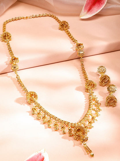 Dhiyona RJ Women's 22K Gold Plated Floral Design Golden Beaded Detailed Necklace & Earrings Set