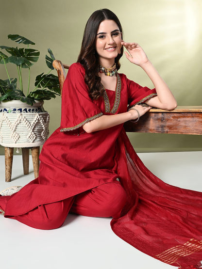 Dhiyona SN Women's Square Neck Flared Sleeves High-Low A-Line Kurta With Dhoti Pant & Dupatta