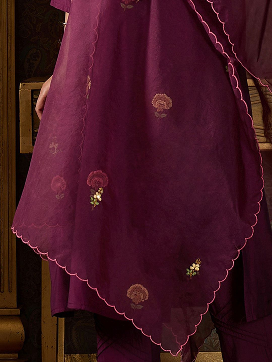 Floral Embroidered Thread Work Kurta With Trousers And Dupatta