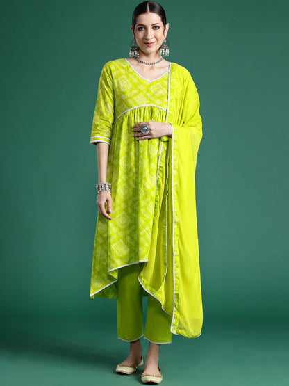 Dhiyona IE Women Bandhani Printed Empire Thread Work Pure Cotton Kurta with Trousers & With Dupatta