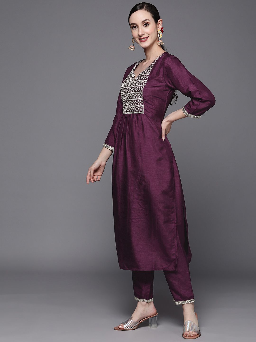 Women Purple Yoke Design Mirror Work Kurta with Trousers & With Dupatta