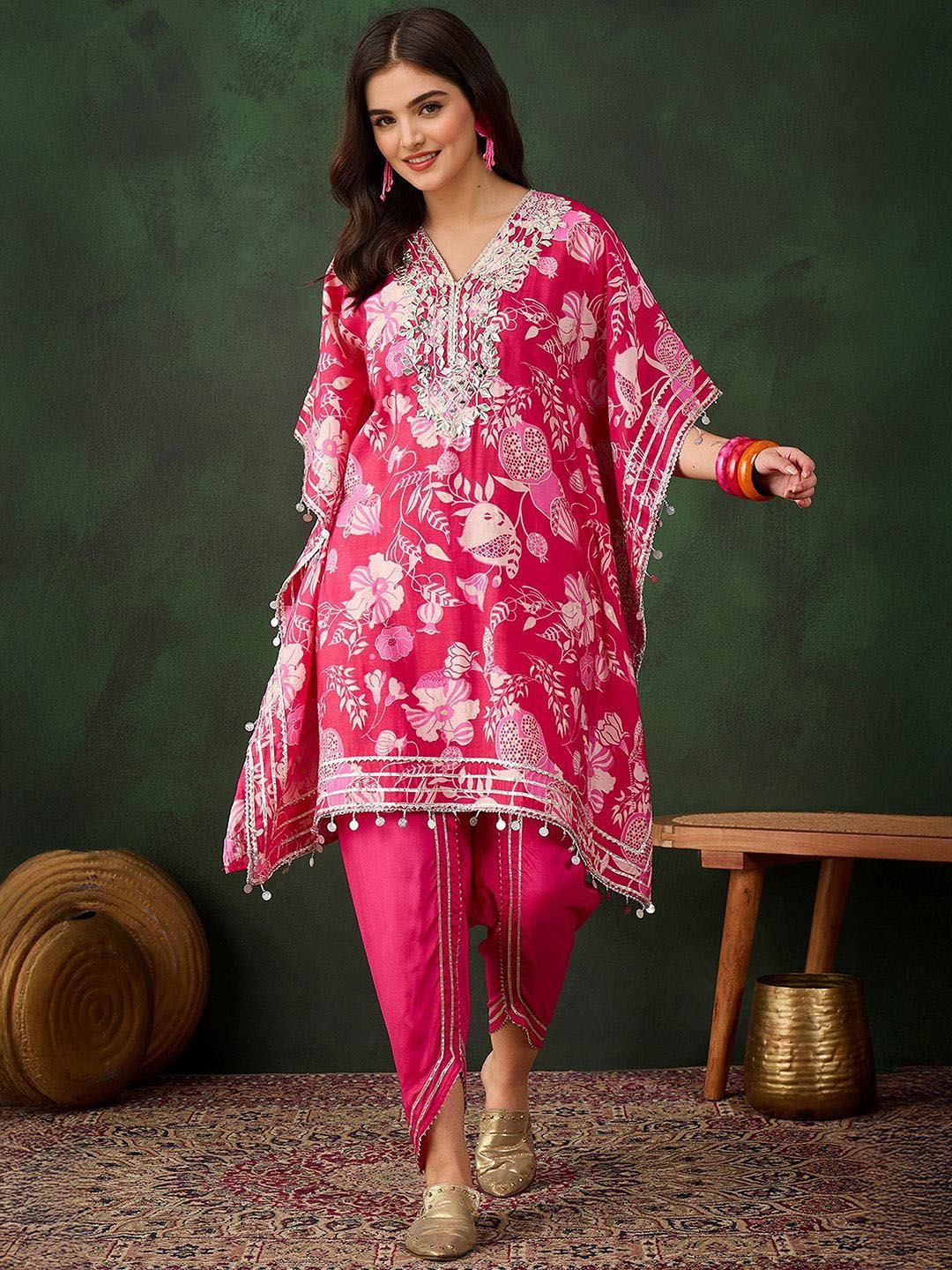 Dhiyona IS Women's Women Ethnic Motifs Print Regular Mirror Work Kaftan Kurta with Trousers