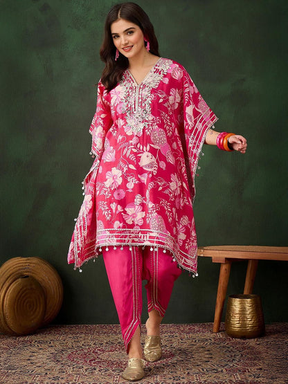 Dhiyona IS Women's Women Ethnic Motifs Print Regular Mirror Work Kaftan Kurta with Trousers