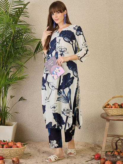 Dhiyona IE Women's Floral Printed Pure Cotton Kurta with Trousers