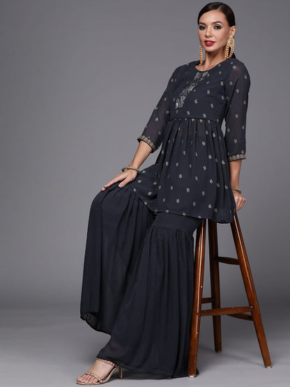Women Navy Blue Printed Pleated Beads and Stones Kurta with Sharara