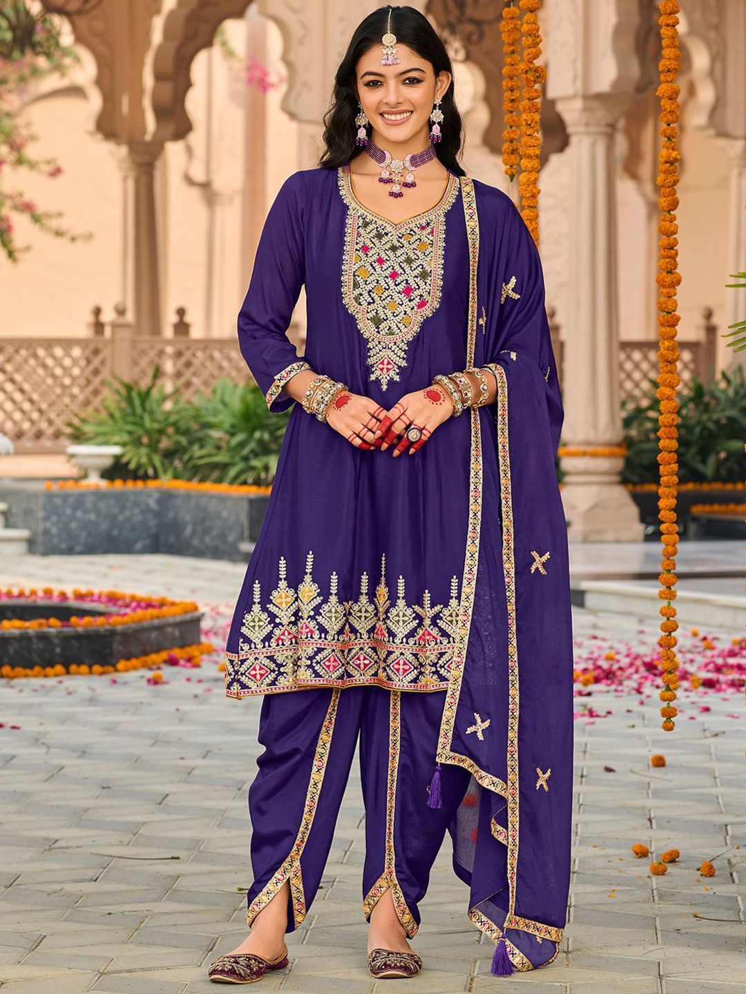 Floral Embroidered Sweetheart Neck Sequinned A-Line Kurta Dhoti Pants & Dupatta