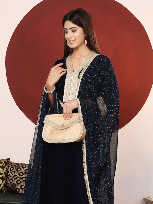 Dhiyona VA Women'sNavy Blue Embroidered Sequined Straight Kurta with Trousers & Dupatta