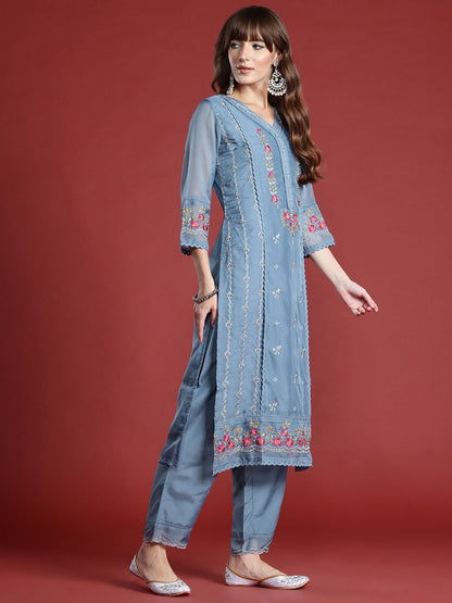 Dhiyona IE Women Floral Embroidered Panelled Thread Work Kurta With Trousers & Dupatta
