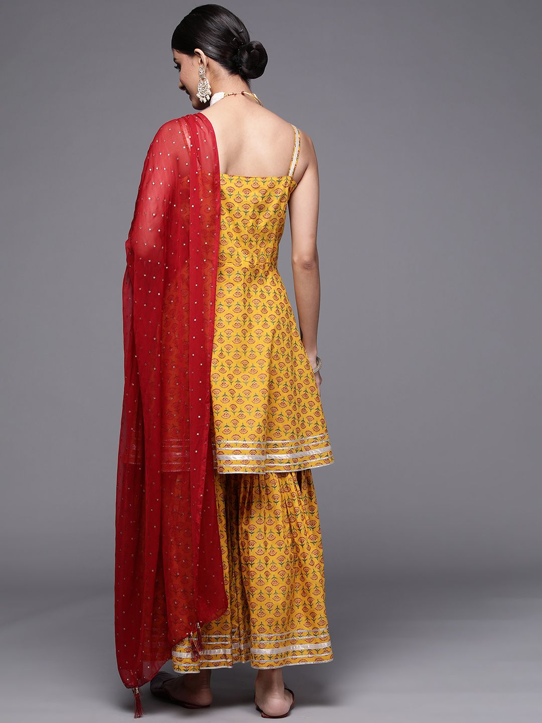 Dhiyona VA Women's Mustard Yellow Ethnic Motifs Printed Pure Cotton Kurta with Sharara & With Dupatta
