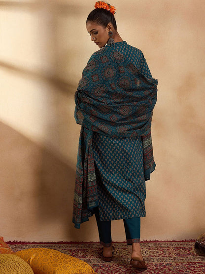 Dhiyona IE Ethnic Motifs Printed Regular Pure Cotton Straight Kurta with Trousers & Dupatta