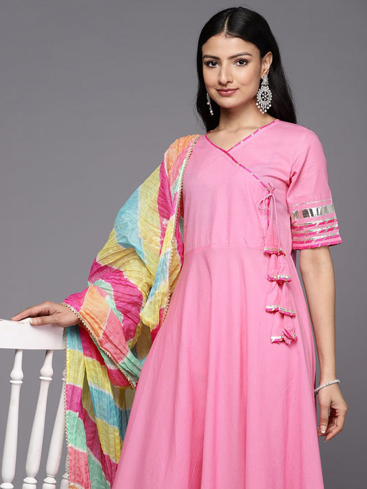 Dhiyona VA Women'sAngrakha Gotta Patti Pure Cotton Kurta With Trousers & With Dupatta