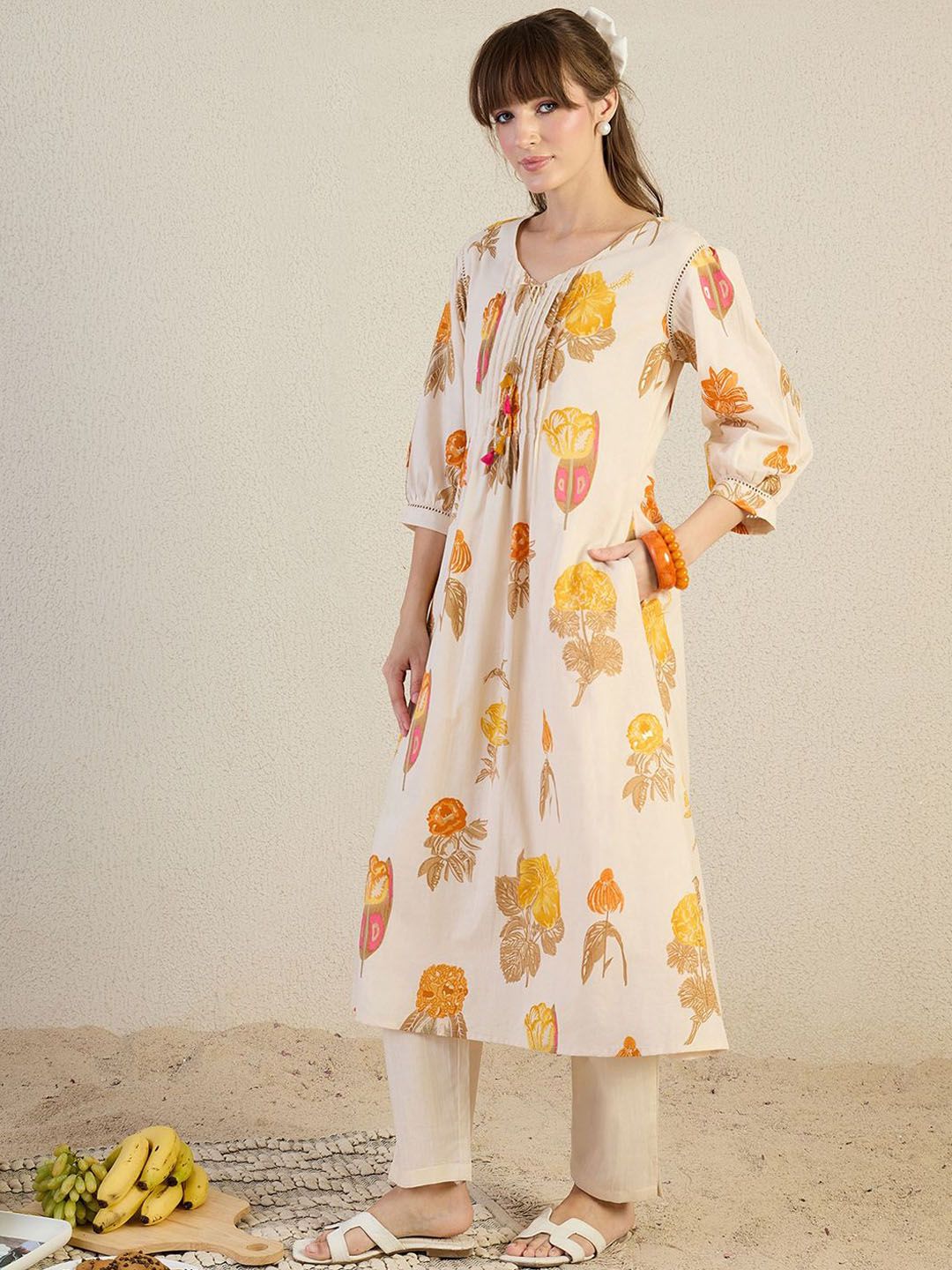 Floral Printed Pleated V-Neck Pure Cotton A-Line Kurta With Trousers