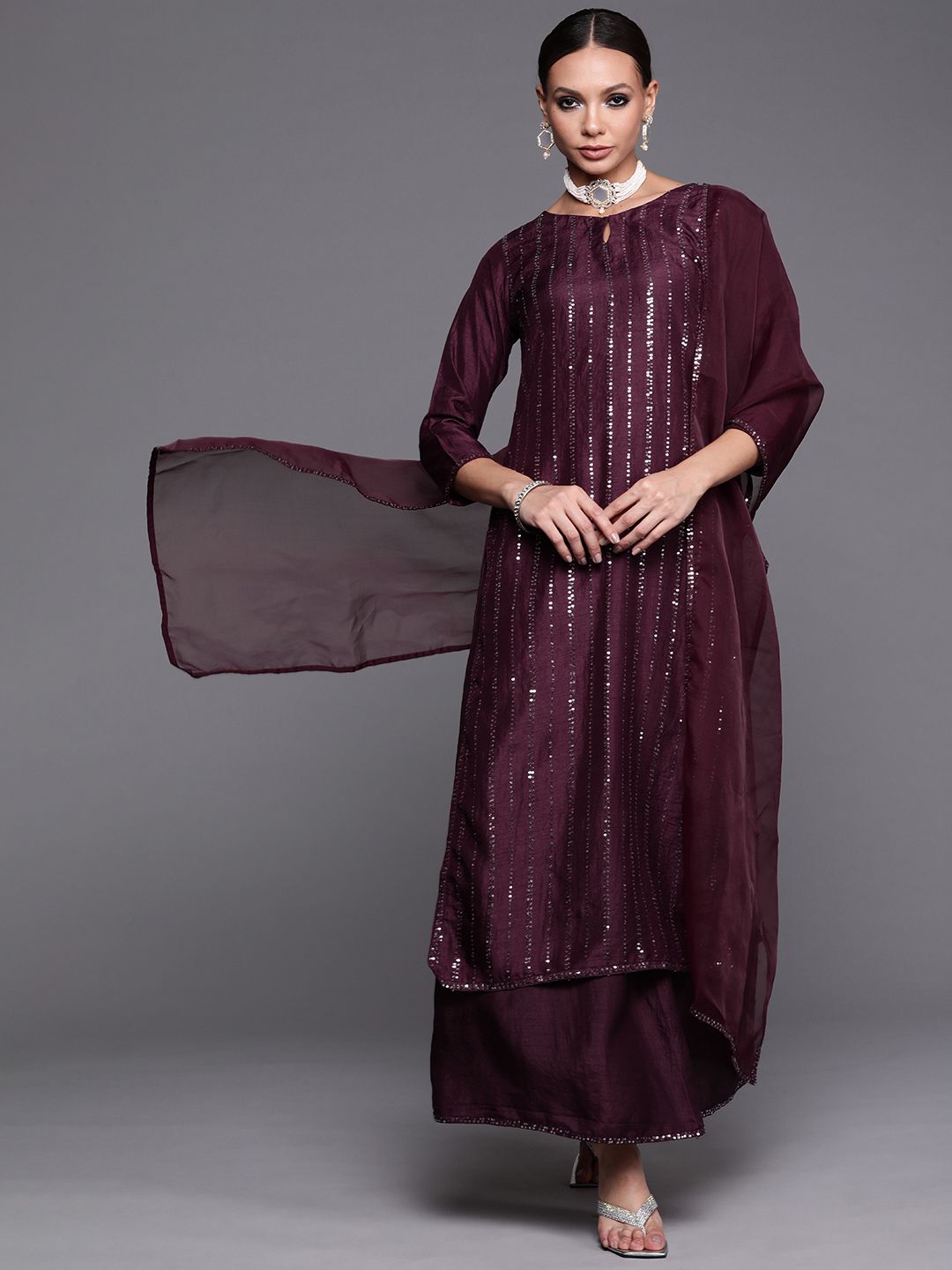 Dhiyona IE Women Purple Sequinned Kurta with Palazzos & With Dupatta