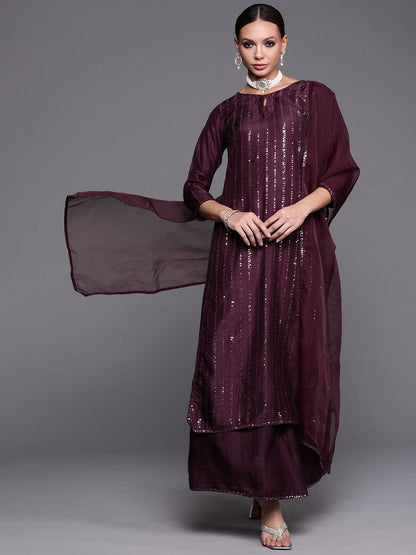 Dhiyona IE Women Purple Sequinned Kurta with Palazzos & With Dupatta