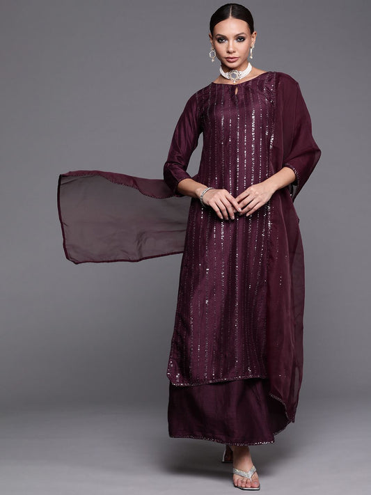 Dhiyona IE Women Purple Sequinned Kurta with Palazzos & With Dupatta