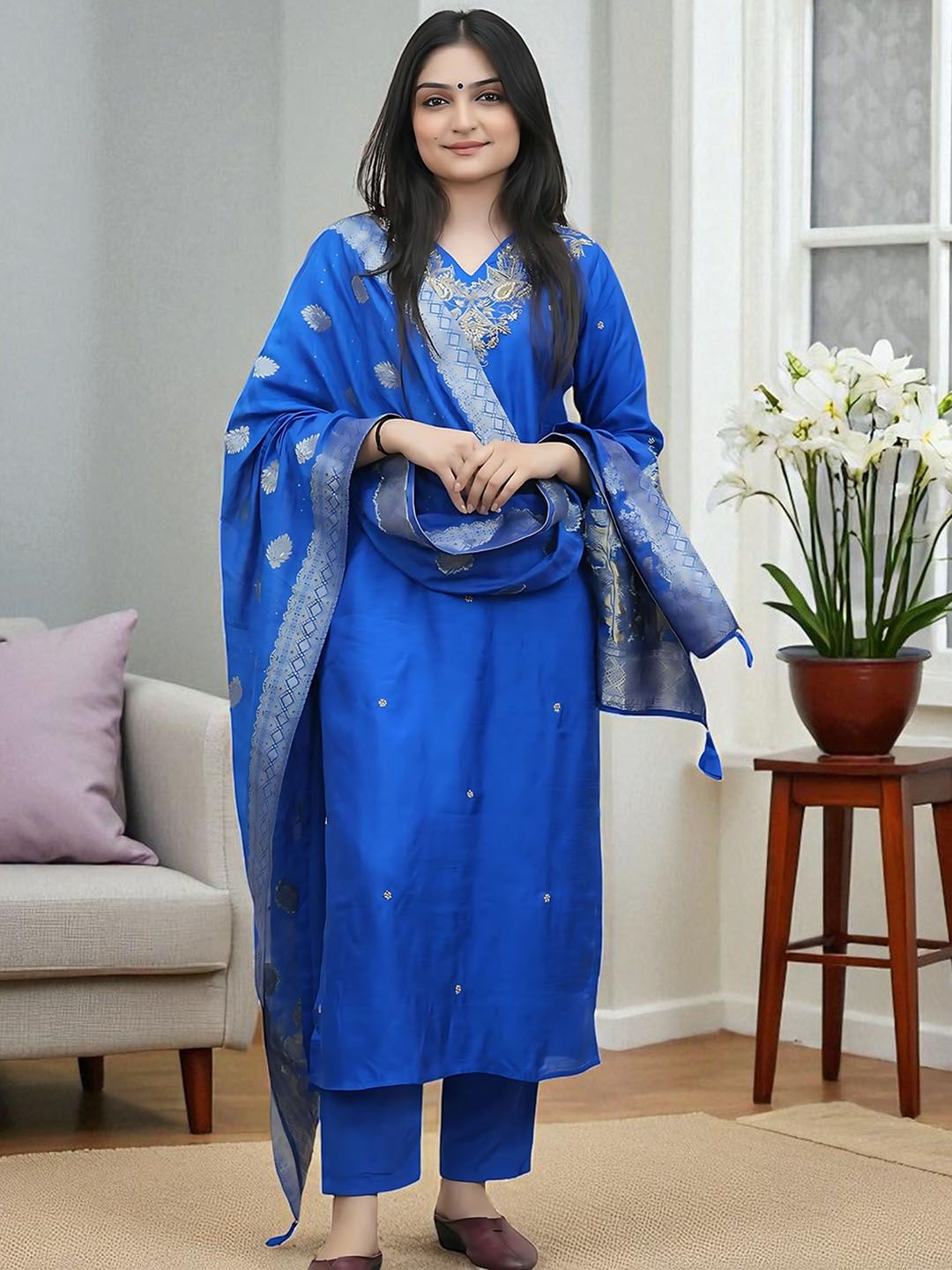 Dhiyona SN Women's Floral Embroidered Thread Work V-Neck Straight Kurta With Trouser And Dupatta