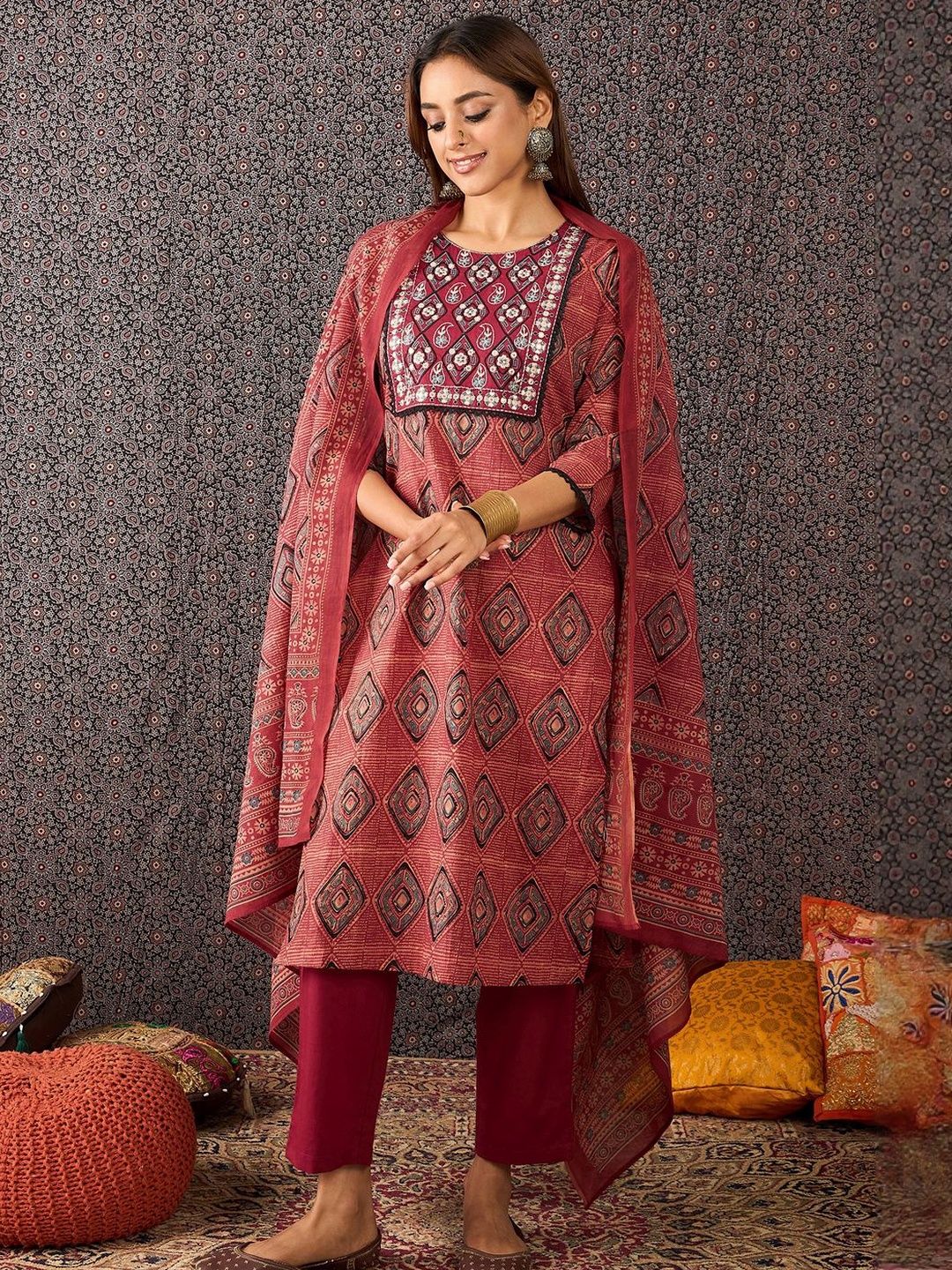 Dhiyona IE Women Printed Mirror Work Pure Cotton Kurta with Trousers & With Dupatta