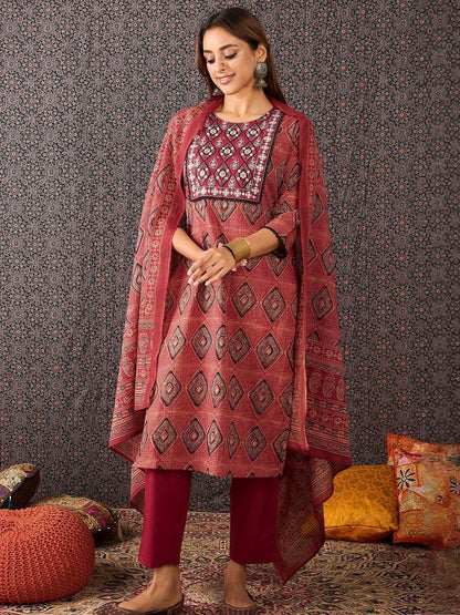 Women Printed Mirror Work Pure Cotton Kurta with Trousers & With Dupatta