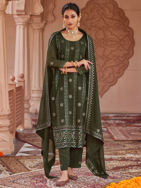 Dhiyona WP Ethnic Motifs Embroidered Regular Sequinned Kurta with Trousers & Dupatta