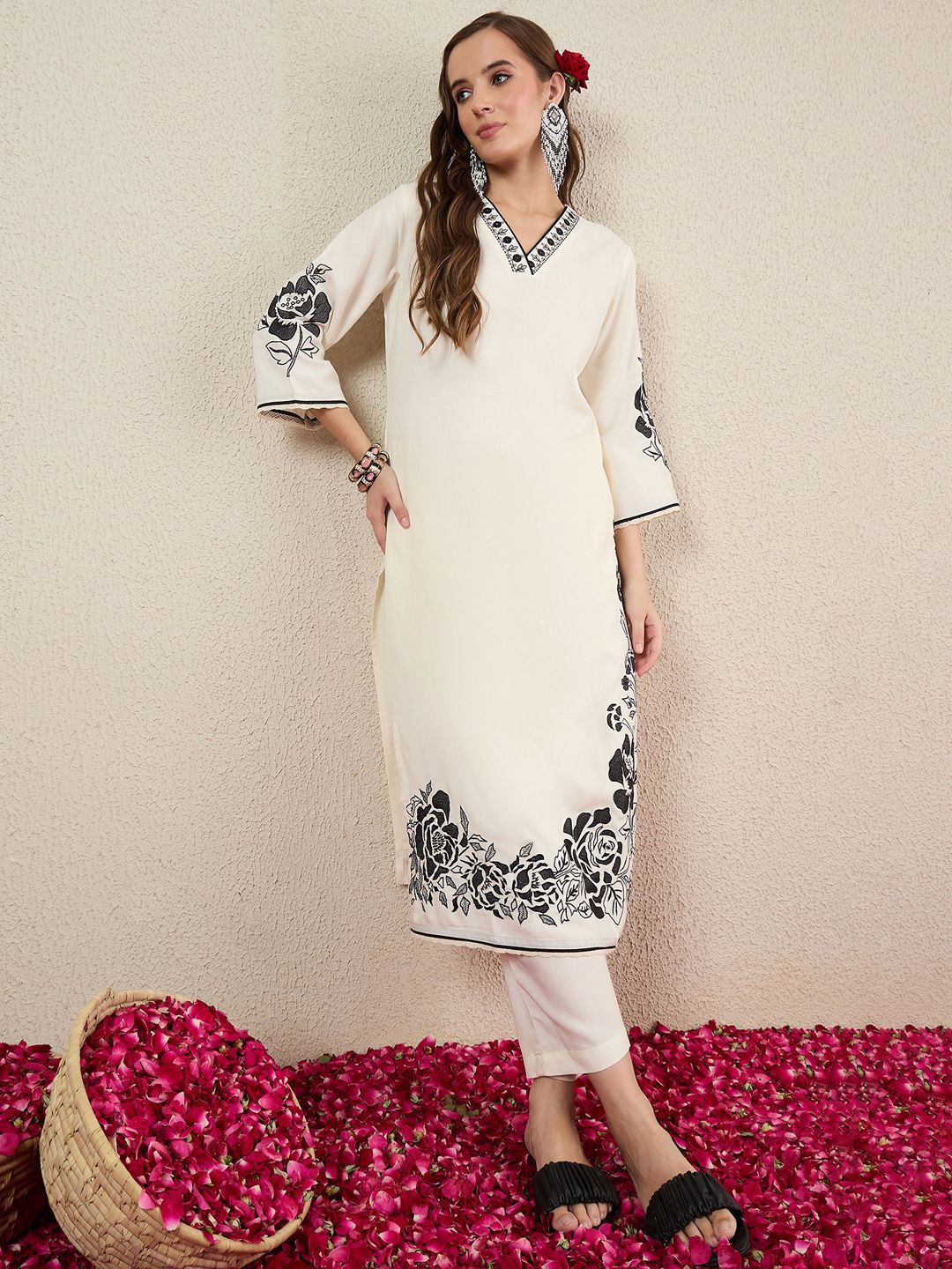 Women Solid Embroidered Kurta with Trousers