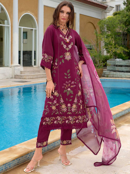 Women Floral Embroidered Regular Thread Work Pure Silk Kurta with Trousers & With Dupatta