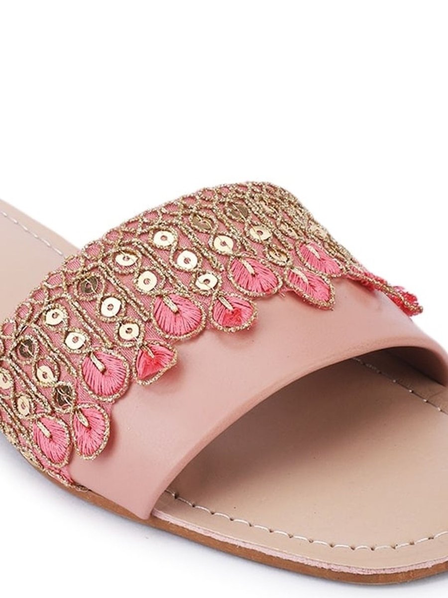 Dhiyona AK Peach-Coloured Ethnic Embroidered Open Toe Flats