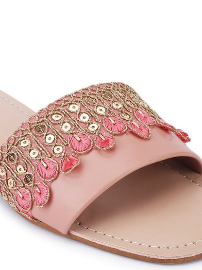 Dhiyona AK Peach-Coloured Ethnic Embroidered Open Toe Flats