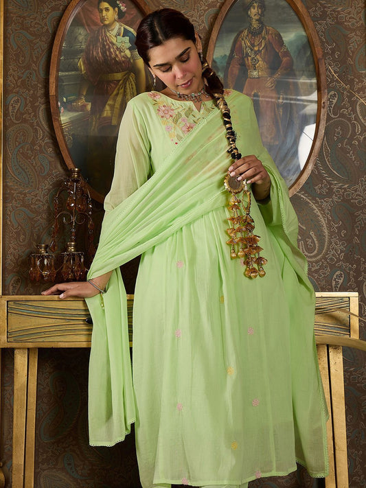 Dhiyona IE Floral Embroidered Empire Thread Work Pure Cotton Kurta With Trousers & Dupatta