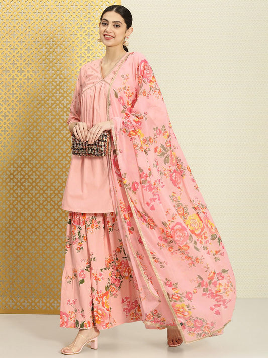 Dhiyona PD Women Women Pure Cotton Floral Empire Jashn Kurta with Sharara & Dupatta