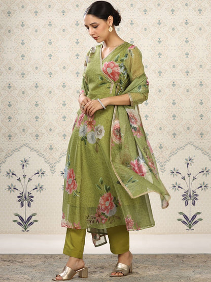 Dhiyona OD  Floral Printed Angrakha Kurta With Trousers & Dupatta