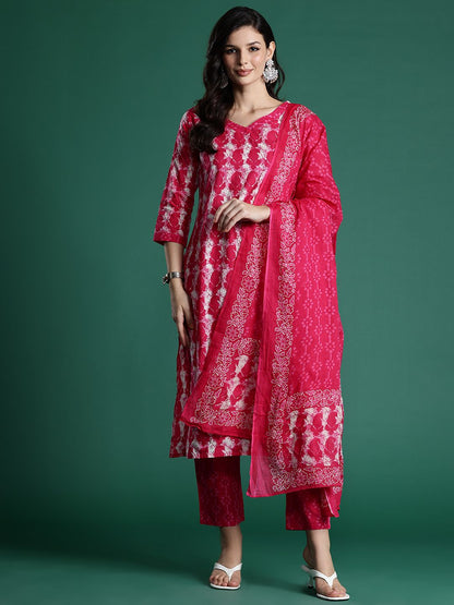 Dhiyona IE Ethnic Motifs Printed Pure Cotton Kurta With Trousers & Dupatta